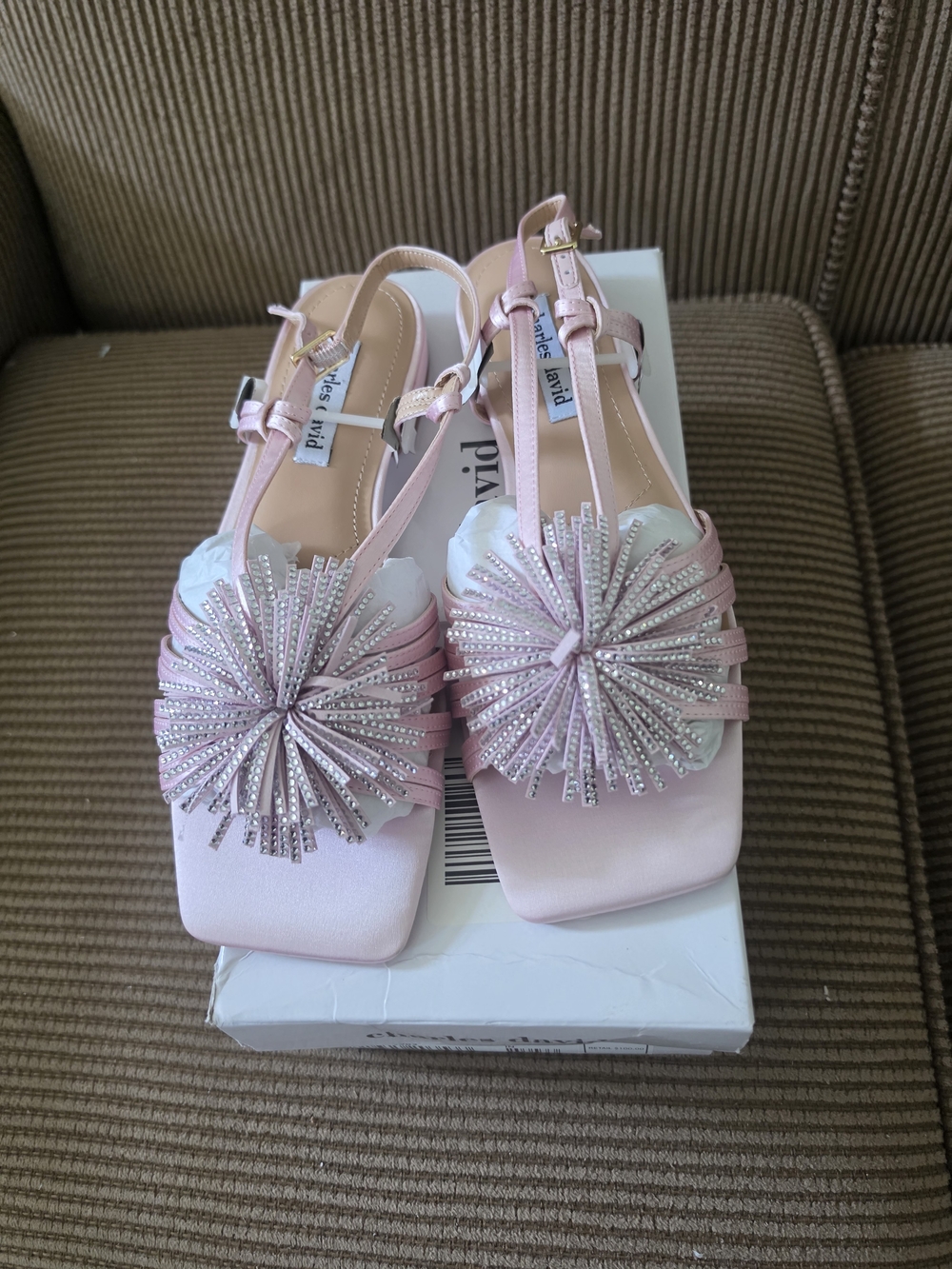 Charles David Rhinestone Pom-Pom Satin Flat Sandals (Pink)